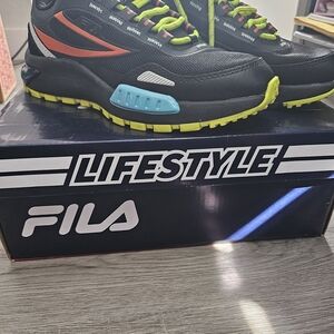 FILA Men’s Black Sneakers with Neon Yellow, Orange & Aqua Accents